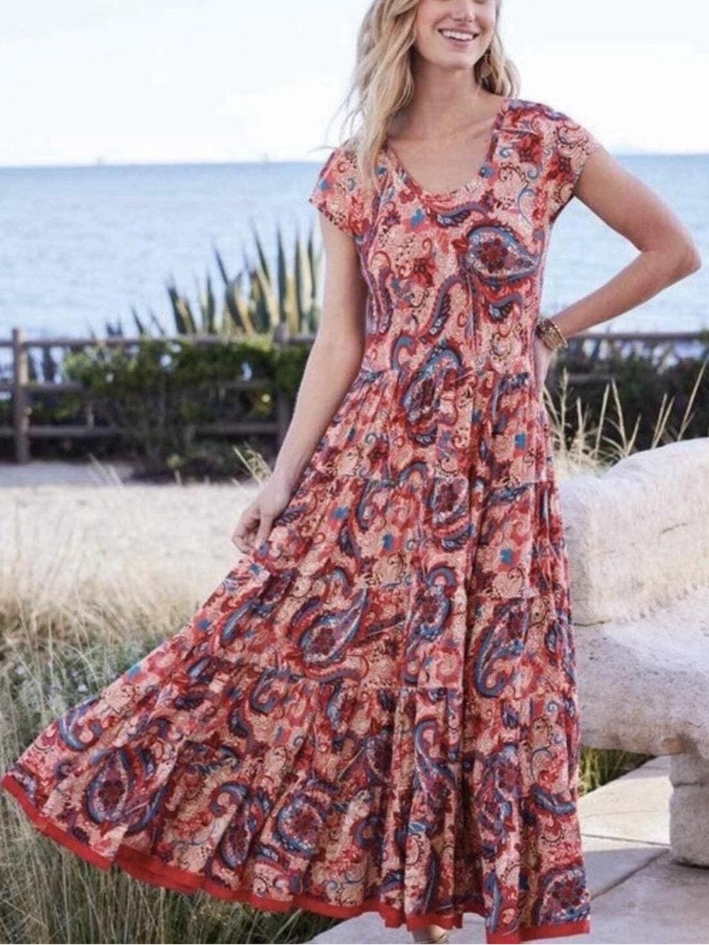 Soft Surroundings Kara Framboise Paisley Tiered Maxi Dress Boho  Plus Size 1X